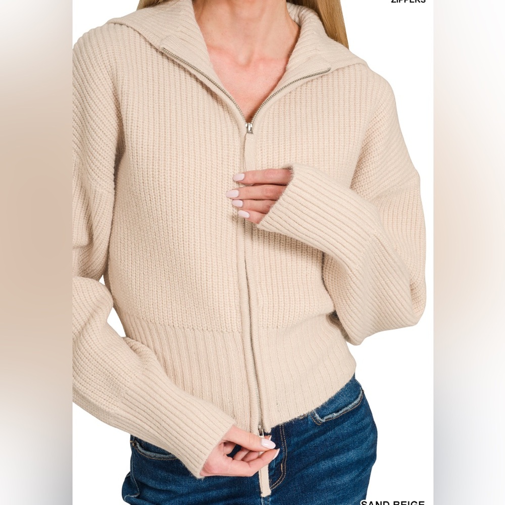 Zenana sand beige two way zip cardigan